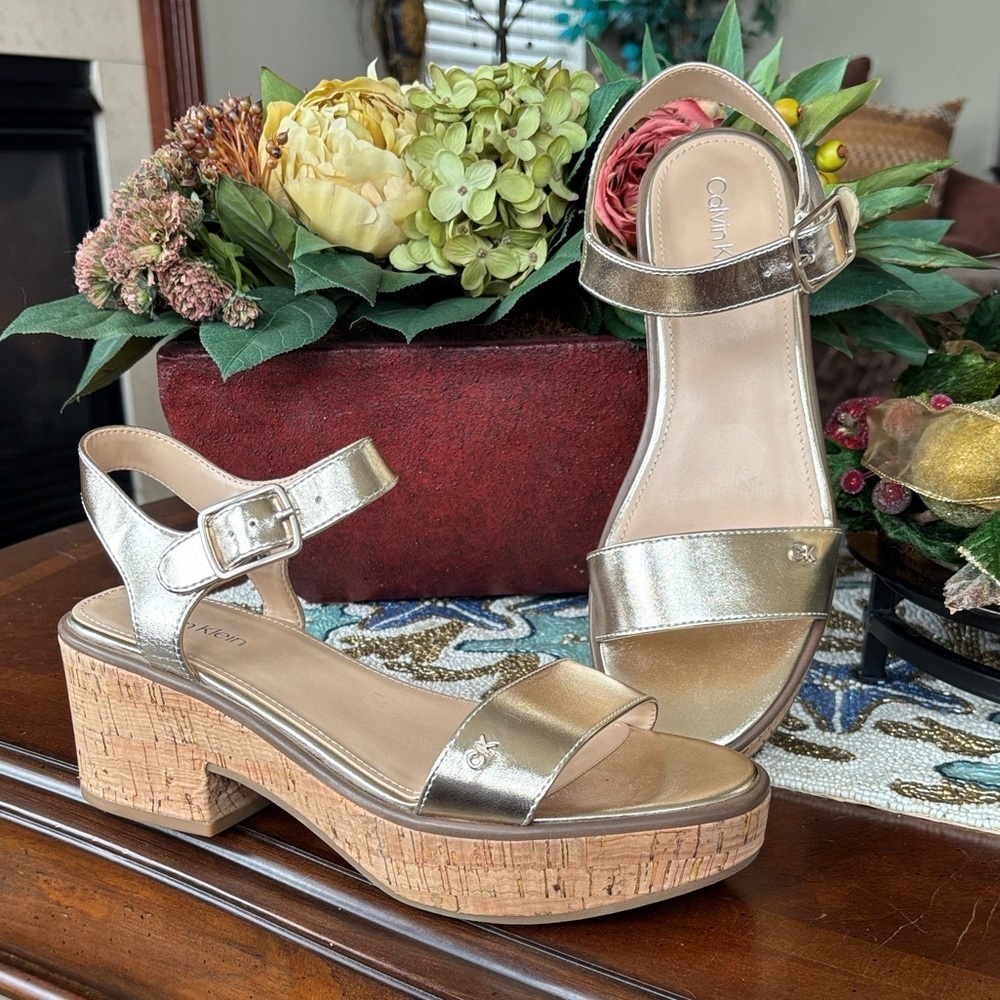 Calvin Klein Gold Metallic Wedge Sandals Cork Platform Block Heel Ankle Strap